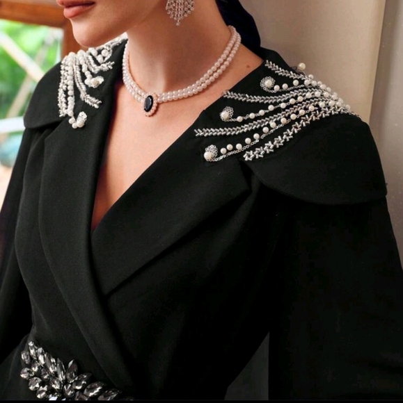 Tops - FAUX PEARL AND BEADED DETAIL WATERFALL COLLAR LANTERN SLEEVE BLOUSE